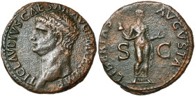 CLAUDE (41-54), AE as, 41-50, Rome. D/ TI CLAVDIVS CAESAR AVG P M TR P IMP T. à g. R/ LIBERTAS AVGVSTA/ S-C Libertas deb. à d., ten. un pileus, la mai...