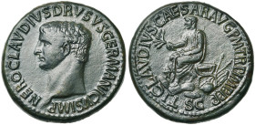 NERON DRUSUS (†9), père de Claude, AE sesterce, 50-54, Rome. D/ NERO CLAVDIVS DRVSVS GERMANICVS IMP T. nue à g. R/ TI CLAVDIVS CAESAR AVG PM TR P IMP ...