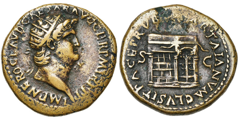 NERON (54-68), AE dupondius, 66, Rome. D/ IMP NERO CLAVD CAESAR ACG GER P M TR P...