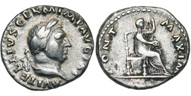VITELLIUS (69), AR denier, 69, Rome. D/ A VITELLIVS GERM IMP AVG TR P T. l. à d. R/ PONT- MAXIM Vesta voilée assise à d., ten. une patère et un long s...