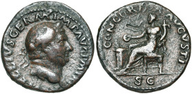 VITELLIUS (69-69), AE as, Rome. D/ A VITELLIVS GERM IMP AVG P M TR P T. l. à d. R/ CONCORDIA AVGVSTI/ SC Concordia assise à g., ten. une patère au-des...