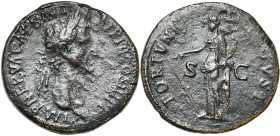 NERVA (96-98), AE sesterce, 97, Rome. D/ IMP NERVA CAES AVG-PM TR P II COS III PP T. l. à d. R/ FORTVNA- AVGVST/ S-C Fortuna deb. à g., ten. un gouver...