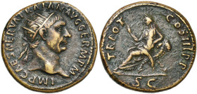 TRAJAN (98-117), AE dupondius, 99-100, Rome. D/ IMP CAES NERVA TRAIAN AVG GERM P M T. r. à d. R/ TR POT COS III PP/ SC Abundantia assise à g. sur un s...