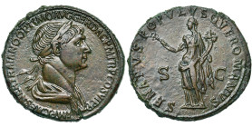 TRAJAN (98-117), AE sesterce, 115-116, Rome. D/ IMP CAES NER TRAIANO OPTIMO AVG GER DAC PM TR P COS VI PP B. l., dr. à d. R/ SENATVS POPVLVSQVE ROMANV...