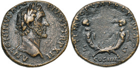 ANTONIN le Pieux (138-161), AE sesterce, 148-149, Rome. D/ ANTONINVS AVG-PIVS PP TR P XII T. l. à d. R/ TEMPORVM FELICITAS/ COS IIII/ S-C Deux cornes ...