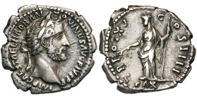 ANTONIN le Pieux (138-161), AR denier, 151-152, Rome. D/ IMP CAES T AEL HADR ANTONINVS AVG PIVS PP T. l. à d. R/ TR POT XV COS IIII/ PAX Pax deb. à g....