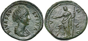 FAUSTINE l'Ancienne (†141), femme d'Antonin le Pieux, AE sesterce, après 141, Rome. D/ DIVA- FAVSTINA B. dr. à d. R/ IVNO/ S-C Junon diad., voilée, dr...