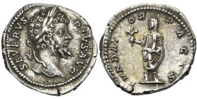 SEPTIME SEVERE (193-211), AR denier, 201-210, Rome. D/ SEVERVS- PIVS AVG T. l. à d. R/ FVNDAT-OR- PACIS L'empereur voilé, deb. à g., ten. un rameau et...