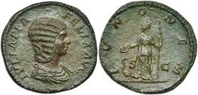 JULIA DOMNA, femme de Septime Sévère, AE sesterce, 212-217, Rome. D/ IVLIA PIA- FELIX AVG B. dr. à d. Tête nue, chevelure disposée en huit ondulations...