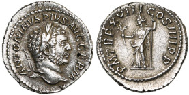 CARACALLA Auguste (198-217), AR denier, 215, Rome. D/ ANTONINVS PIVS AVG GERM T. l. à d. R/ P M TR P XVIII COS IIII PP Pax deb. à g., ten. un rameau e...