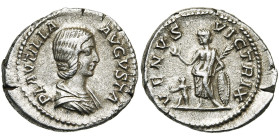 PLAUTILLA, femme de Caracalla, AR denier, 202-205, Rome. D/ PLAVTILLA- AVGVSTA B. dr. à d. R/ VENVS VICTRIX Vénus deb. à g., ten. une pomme et une pal...