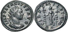 TACITE (275-276), bill. antoninien, début 276, Lyon. D/ IMP CL TACITVS AVG B. r., dr., cuir. à d. R/ FIDES MILITVM/ BA Fides deb. à g., ten. deux éten...