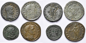 MAXIMIEN GALERE (293-311), lot de 4 bronzes: César, follis, R/ Génie, Moneta; fraction radiée, R/ Le prince et Jupiter (rare); Auguste, follis, R/ Gén...