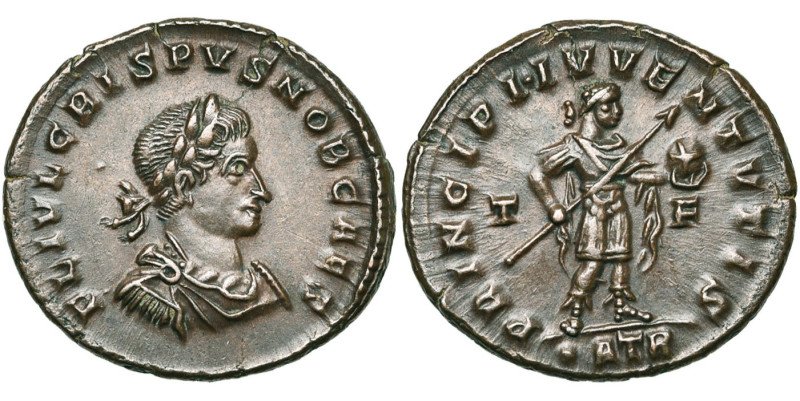CRISPUS César (317-326), AE follis, 317, Trèves. D/ FL IVL CRISPVS NOB CAES B. l...