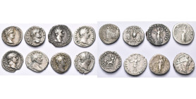 lot de 8 deniers: Auguste, R/ Gaius et Lucius; Vespasien, R/ Emblèmes sacerdotaux; Domitien, R/ Athéna deb. à g., avec foudre, lance et bouclier; Traj...