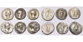 lot de 6 deniers: Vespasien, R/ Mars et épi de blé (rare); Nerva, R/ Fortuna; Trajan, R/ L'empereur couronné par une Victoire; Hadrien, R/ Minerve; An...