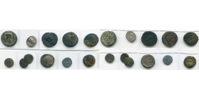 lot de 11 p., dont: Claude, as, R/ Libertas; Néron, denier, R/ Temple; Hadrien, as, R/ Salus; Dioclétien, follis, R/ Génie; Maxence Auguste, follis, R...