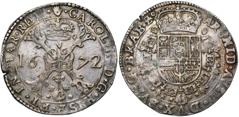 BRABANT, Duché, Charles II (1665-1700), AR patagon, 1672, Anvers. D/ Croix de Bo...