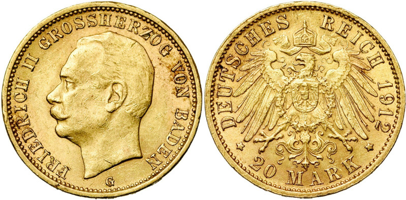 ALLEMAGNE, BADE, Friedrich II (1907-1918), AV 20 Mark, 1912 G. J. 192; A.K.S. 16...