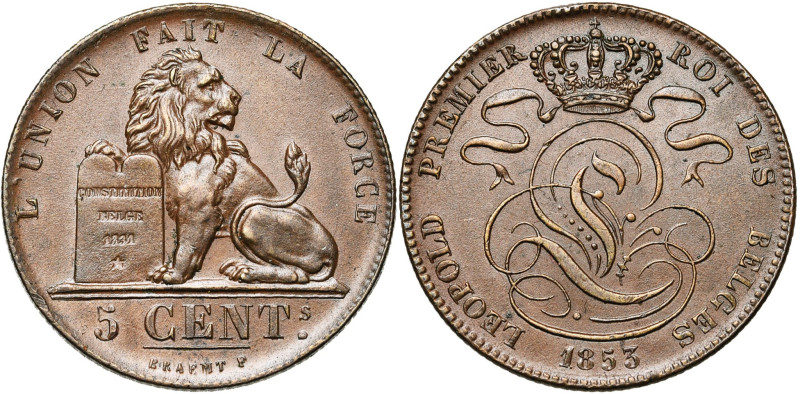 BELGIQUE, Royaume, Léopold Ier (1831-1865), Cu 5 centimes, 1853. Dupriez 559. Lé...