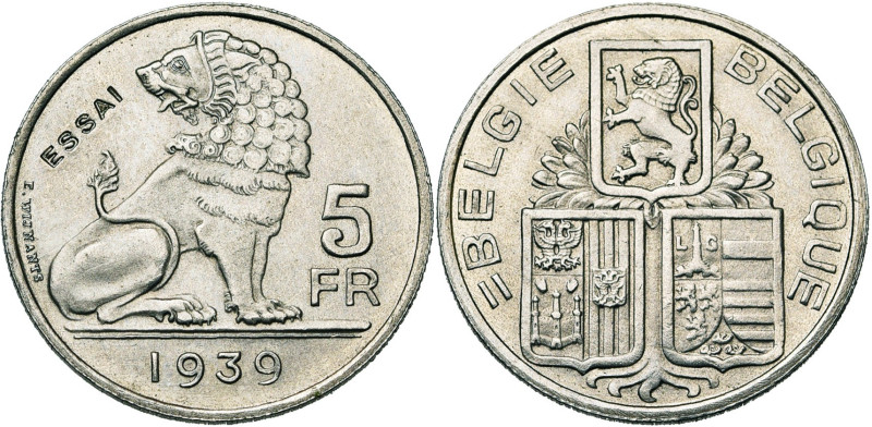 BELGIQUE, Royaume, Léopold III (1934-1951), 5 frank, 1939 NL/FR. Essai de Wynant...