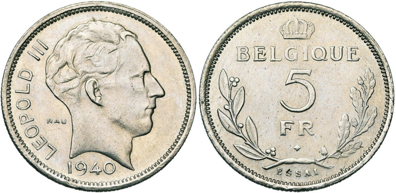 BELGIQUE, Royaume, Léopold III (1934-1951), 5 francs, 1940 FR. Essai de Rau en n...