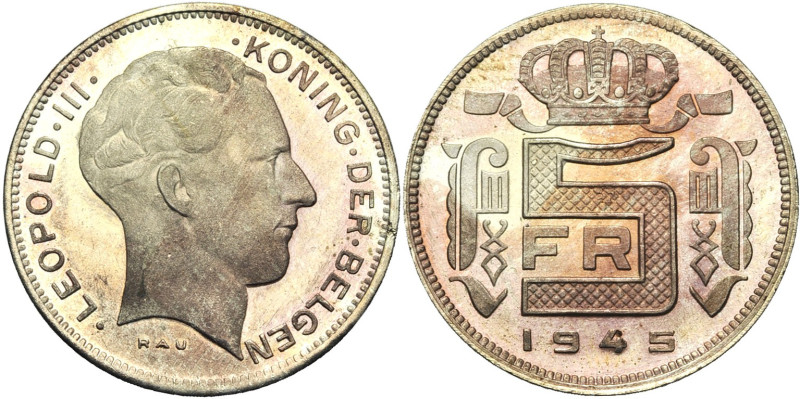 BELGIQUE, Royaume, Léopold III (1934-1951), 5 frank, 1945 NL. Refrappe en argent...