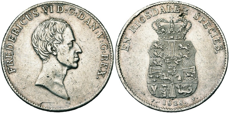 DANEMARK, Frédéric VI (1808-1839), AR rigsdaler, 1838 FF. Hede 26D. Coups. Petit...