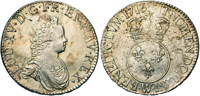 FRANCE, Royaume, Louis XV (1715-1774), AR écu Vertugadin, 1716 W, Lille. Sur fla...