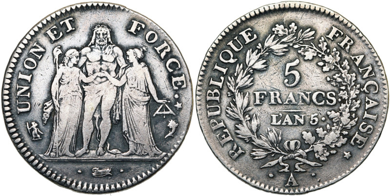 FRANCE, Directoire (1795-1799), AR 5 francs, an 5 A, Paris. Union et Force. Gad....