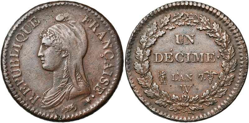 FRANCE, Directoire (1795-1799), Cu 1 décime, an 7 W, Lille. Gad. 187.

Très Be...