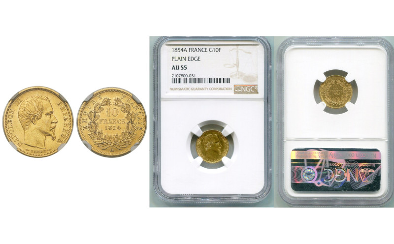 FRANCE, Napoléon III (1852-1870), AV 10 francs, 1854 A, Paris. Petit module. Tra...