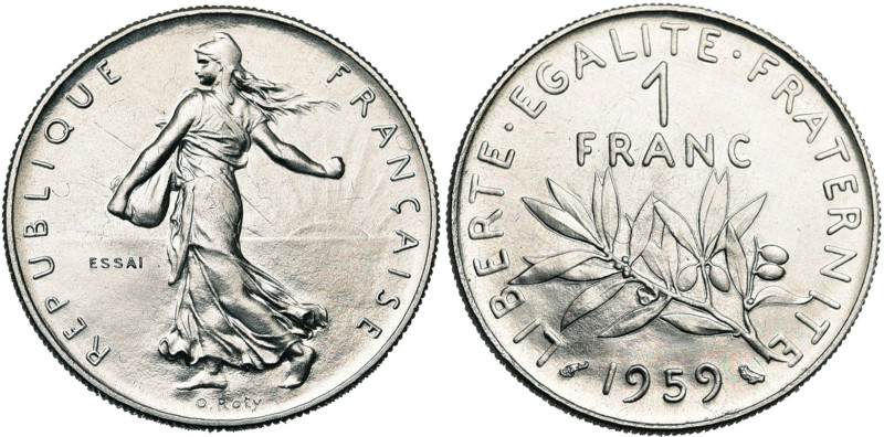 FRANCE, Cinquième République (1959-), 1 franc, 1959. Essai définitif en nickel. ...