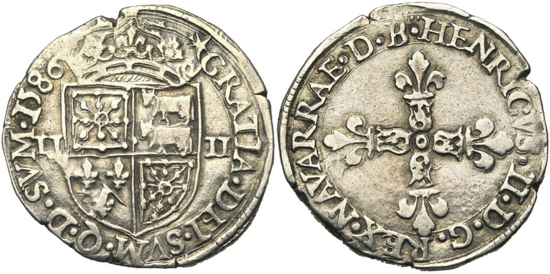 FRANCE, BEARN, Henri II (1572-1589), AR quart d'écu, 1586. D/ Croix fleurdelisée...