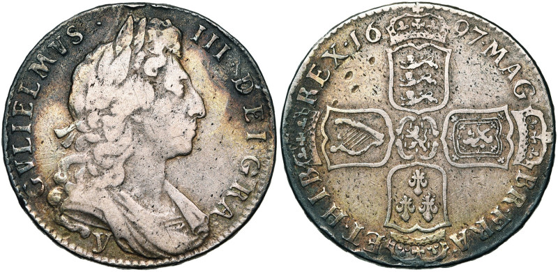 GRANDE-BRETAGNE, Guillaume III (1694-1702), AR demi-couronne, 1697, York. 1er bu...