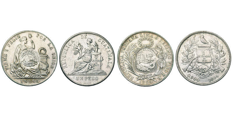 GUATEMALA, République (1839-), lot de 2 p.: 1 peso, 1894; 1/2 real, 1894, contre...