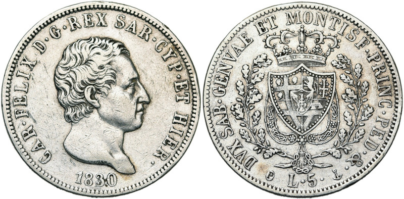 ITALIE, SAVOIE et SARDAIGNE, Charles Félix (1821-1831), AR 5 lire, 1830 P, Gênes...