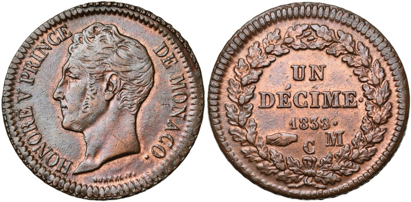 MONACO, Honoré V (1819-1841), Cu 1 décime, 1838 MC. Gad. 105.

Très Beau à Sup...