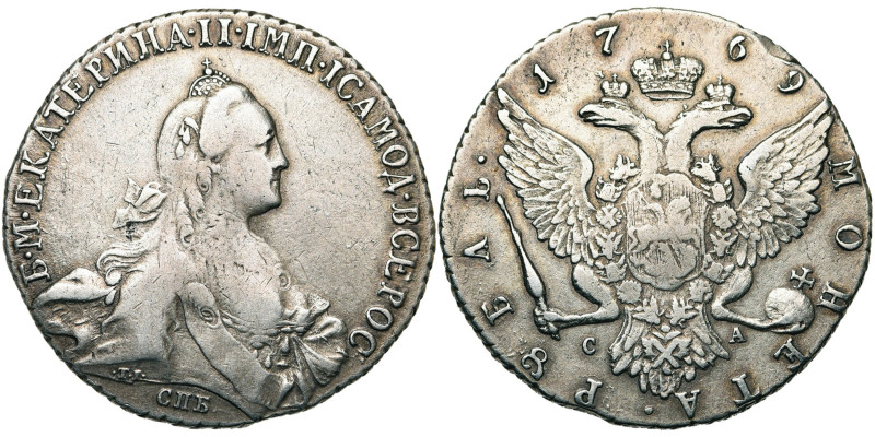 RUSSIE, Catherine II (1762-1796), AR rouble, 1769 CA, Saint-Pétersbourg. D/ B. à...