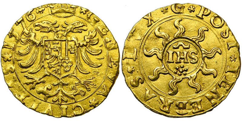 SUISSE, GENEVE, Ville, AV écu d'or (pistolet), 1576. D/ Aigle impériale couronné...