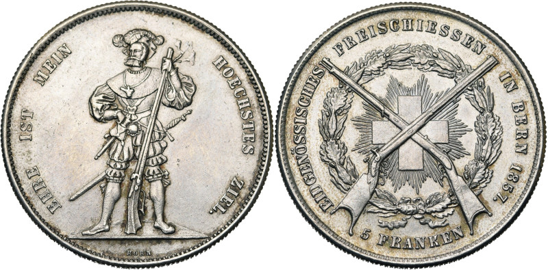 SUISSE, Confédération helvétique, AR 5 francs, 1857. Tir fédéral à Berne. Divo S...