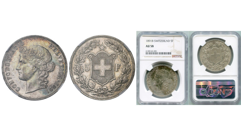 SUISSE, Confédération helvétique, AR 5 francs, 1891 B, Berne. Divo 121; Dav. 392...