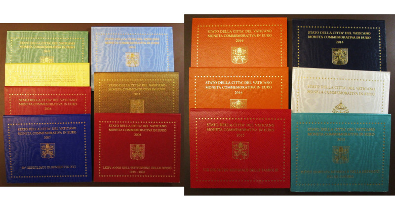 ITALIE, VATICAN, lot de 13 p. commémoratives de 2 euro 2004, 2007-2016. Etuis.