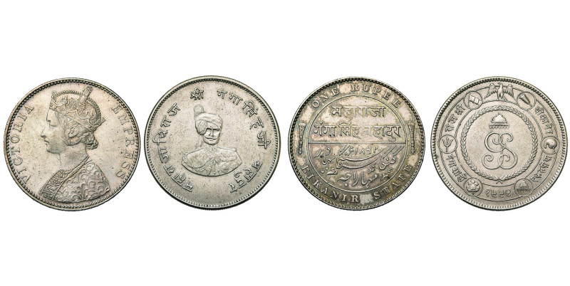 INDIA, BIKANIR, Ganga Singh (1887-1942), lot of 2 rupees: 1892, VS 1994 (1937, 5...