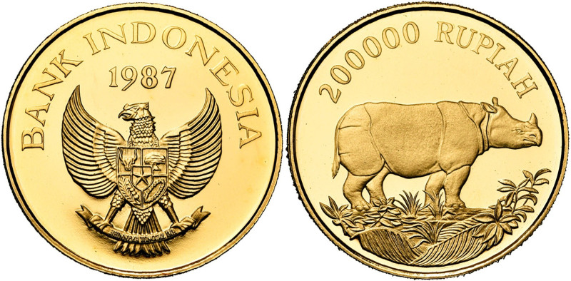 INDONESIA, Republic, AV 200.000 rupiah, 1987. 25th anniversary of WWF. Javan rhi...