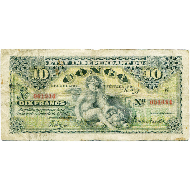 CONGO, Etat indépendant, 10 francs, 7 février 1896. Non perforé. Pick 1a; Martin...