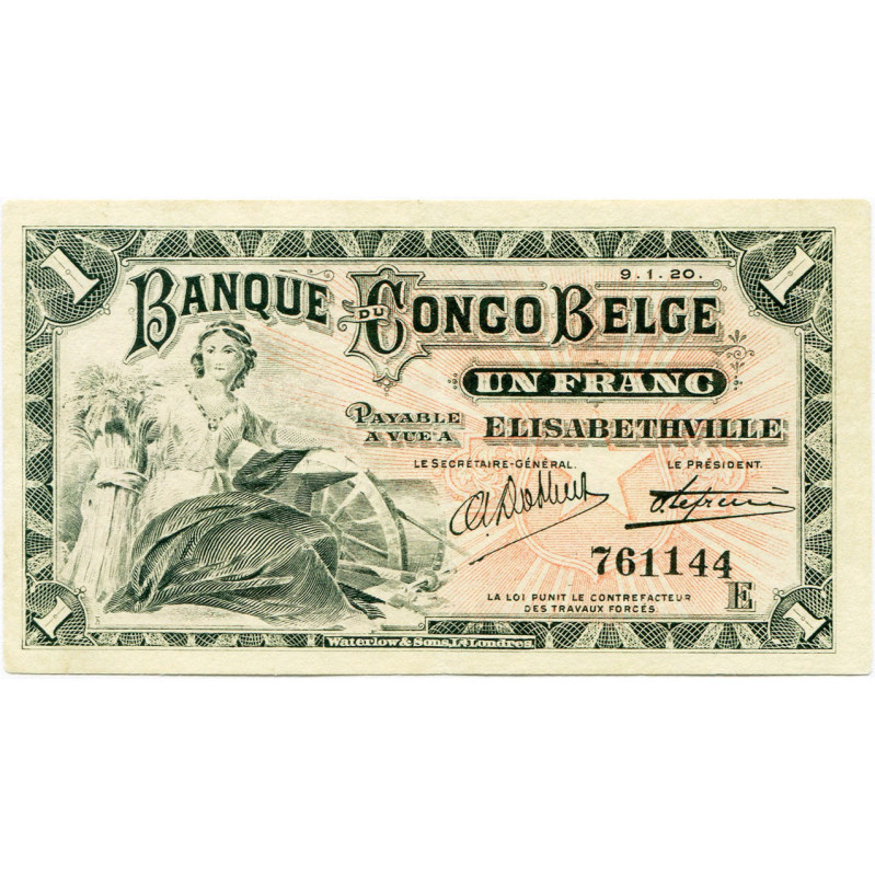 CONGO, Banque du Congo belge, 1 franc, 9.1.20, Elisabethville. Pick 3; Martiny, ...