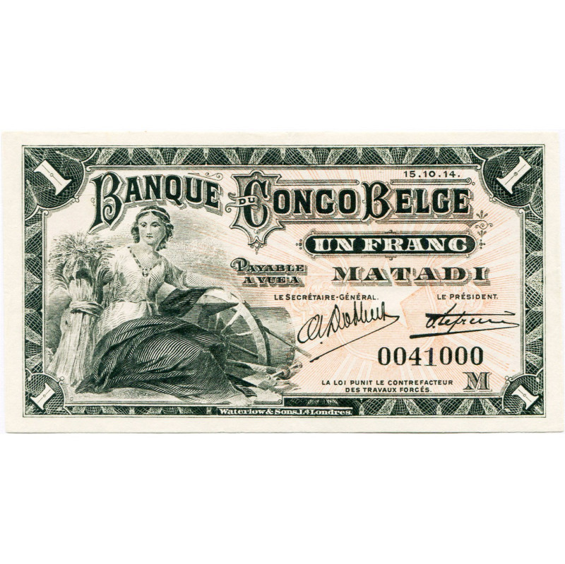 CONGO, Banque du Congo belge, 1 franc, 15.10.14, Matadi. Pick 3b; Martiny, Congo...