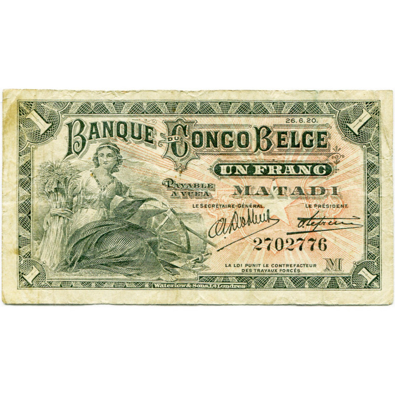 CONGO, Banque du Congo belge, 1 franc, 26.6.20, Matadi. Pick 3b; Martiny, Congo,...