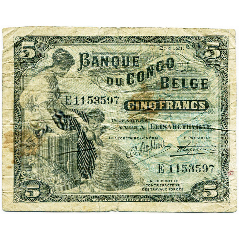 CONGO, Banque du Congo belge, 5 francs, 2.4.21, Elisabethville. Pick 4; Martiny,...